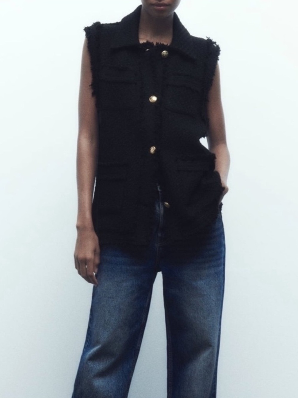 Zara black structured frayed trim textured vest with gold buttons small